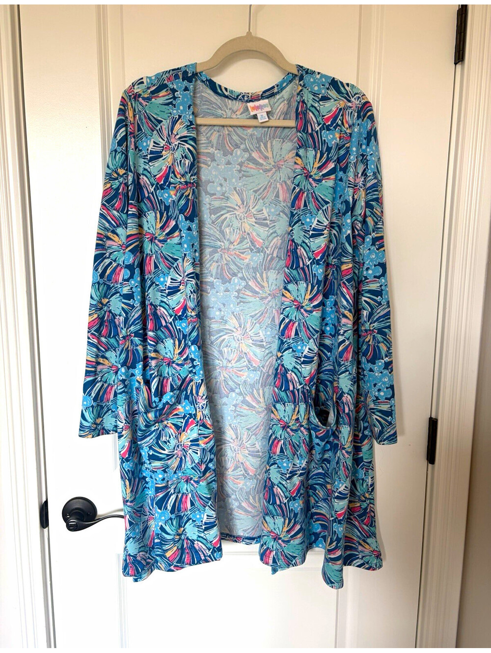 LuLaRoe Women’s XL Blue Floral Knit Cardigan Sweater Open Long Sleeve Pockets